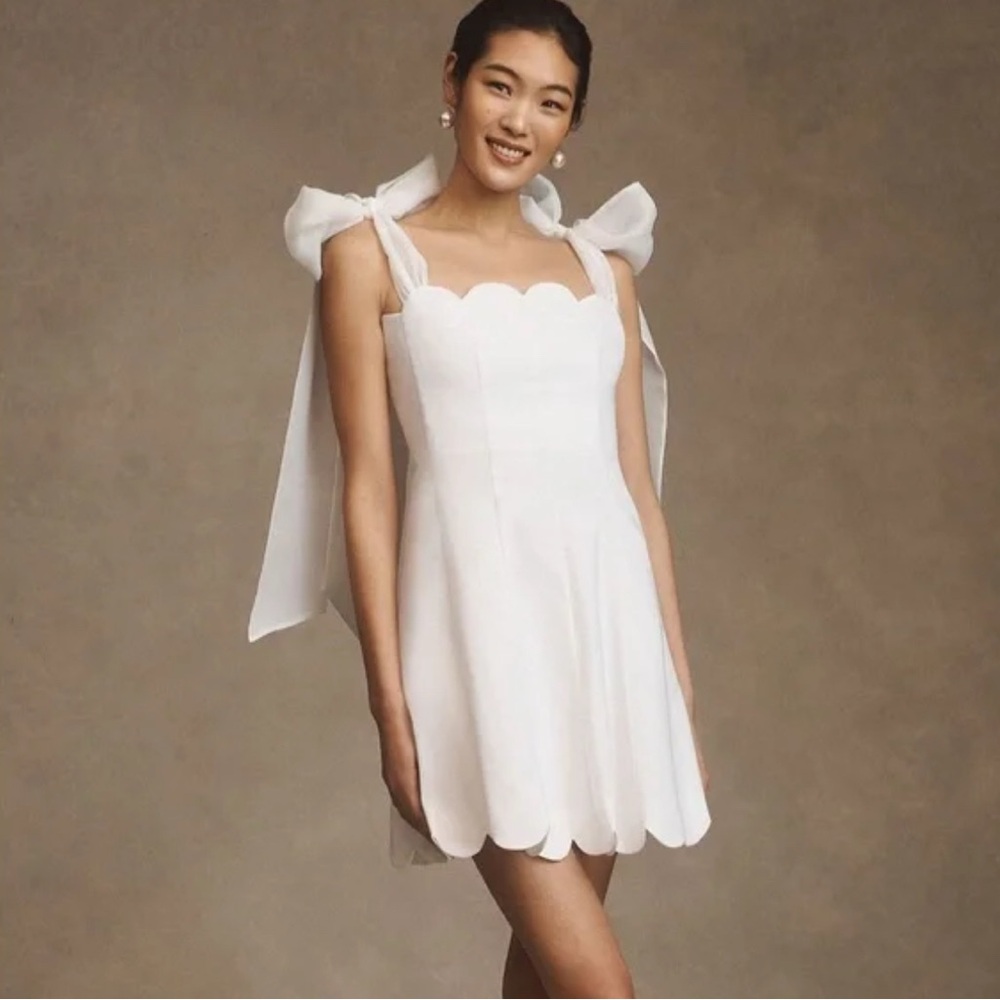 BHLDN White Scalloped Mini Dress with Tie Straps